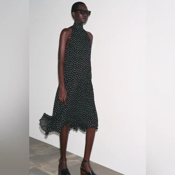 Zara ZW Collection Size Large Halter Polka Dot Sleeveless Midi Dress w/Scarf NEW - Picture 2 of 15